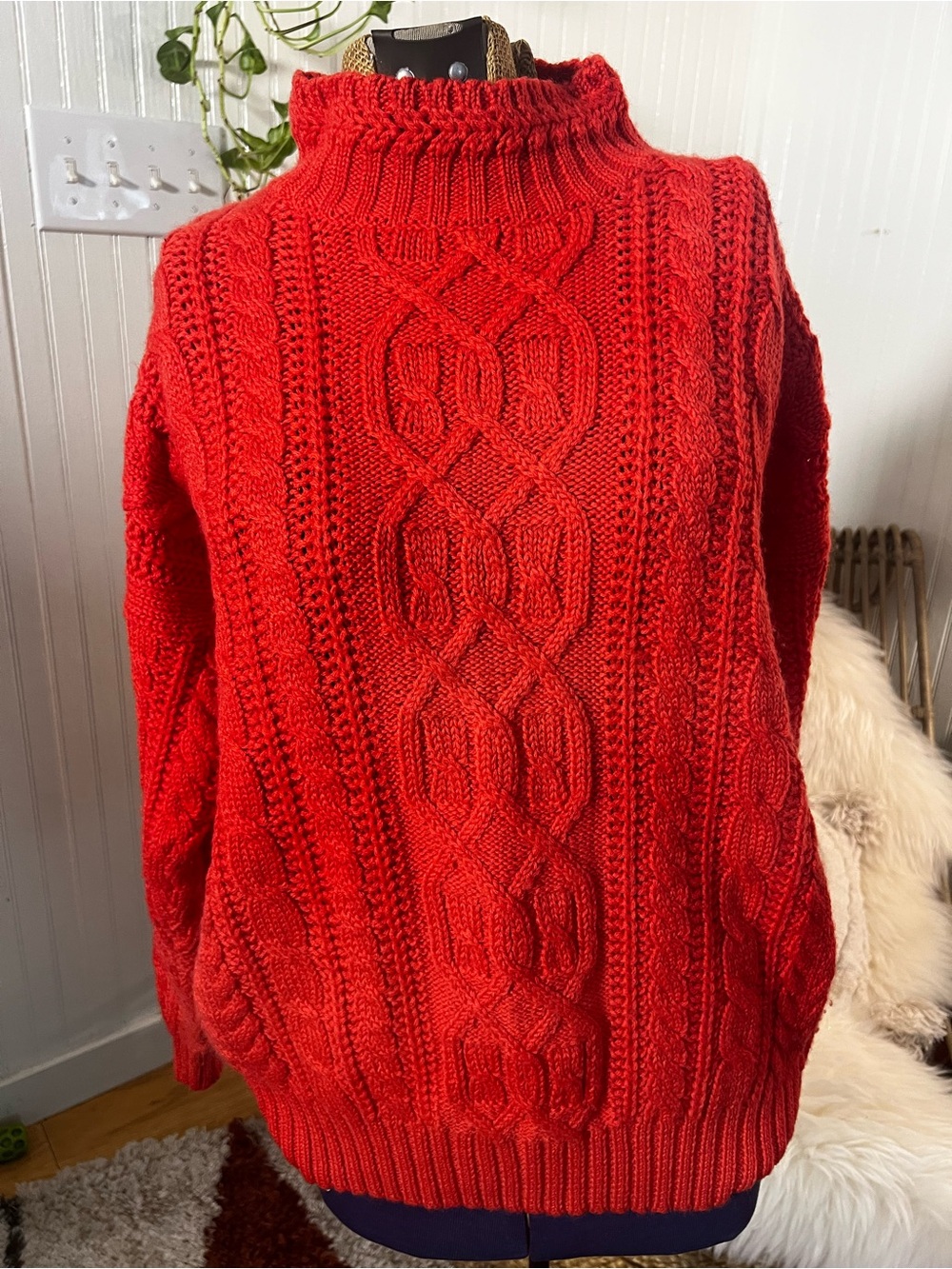 Red vintage Cable-Knit wool blend Turtleneck Sweater